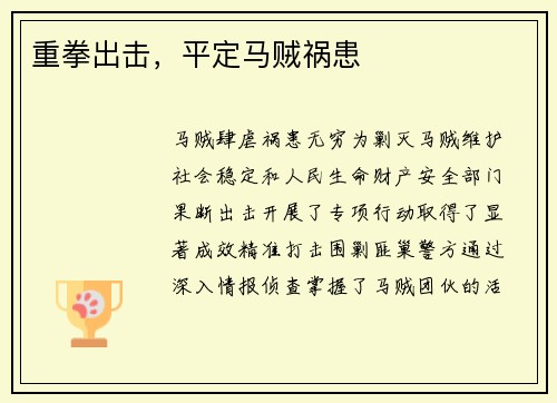 重拳出击，平定马贼祸患